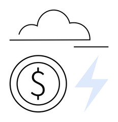 Minimal design with cloud, lightning bolt, and dollar coin symbolizing technology, finance, and energy dynamics. Ideal for technology, energy, finance innovation, cost analysis sustainability