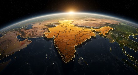 Viewing India From Space at Sunrise with City Lights