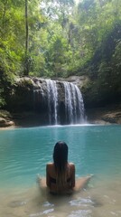 Woman relaxing in a clear blue pool near a beautiful waterfall