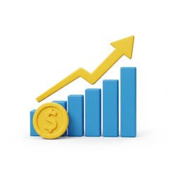 Dollar coin and graph with arrow on white background