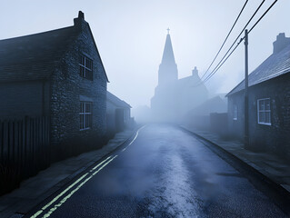 A small, foggy town at dawn, with empty streets and the faint sound of a distant bell tolling.

