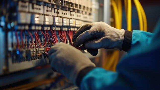 Electrician working on an electrical panel in a commercial building. Featuring expertise and safety