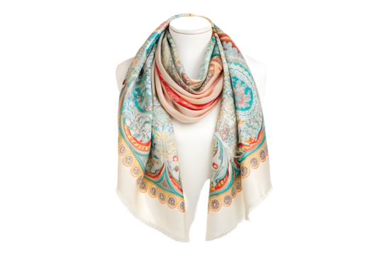 Elegant Teal Silk Scarf with Vibrant Floral and Paisley Pattern.