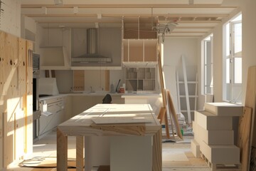 Small kitchen under construction in a new house