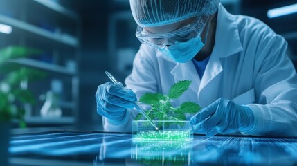 A scientist in a lab examines a glowing plant specimen using precise tools, highlighting advancements in biotechnology and research.