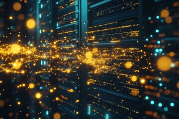 Data flow in a modern server room illuminated by vibrant light patterns at night