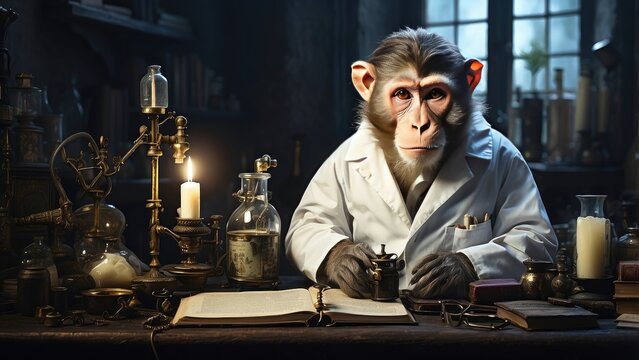 a monkey in a lab coat standing in front of a vat of colorful liquids