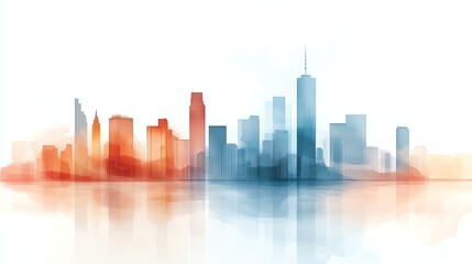 Fototapeta premium Artistic watercolor sunset & golden hour glow for warm atmosphere. A vibrant watercolor skyline illustration showcasing urban life and modern architecture.