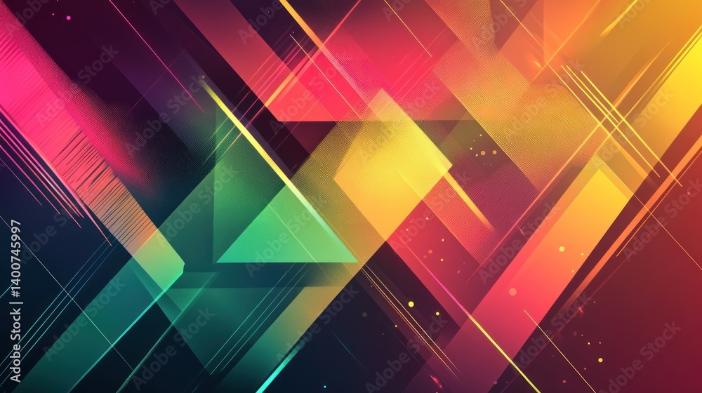 Poster vibrant geometric abstraction featuring overlapping triangles and rectangles creating a dynamic and 