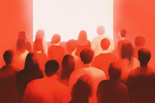 Engaged audience watching presentation in red toned ambient setting for marketing and advertising campaigns - Powered by Adobe