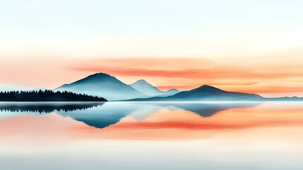 Artistic watercolor sunset & golden hour glow for warm atmosphere. Serene mountain landscape reflected in calm water during a colorful sunset.