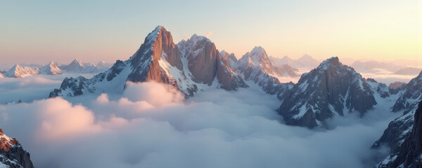 Obraz premium This captivating image features snow-draped mountains rising above a sea of clouds, illuminated by the golden hues of a sunrise.