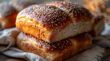 Golden-Brown Sesame Seed Buns Stacked Neatly with a Crisp and Fluffy Appearance