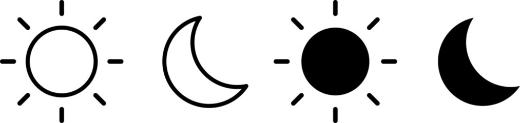 Sun and moon icons set. dark and light mode icons. Screen brightness and contrast level signs. Day and Night icon symbol
