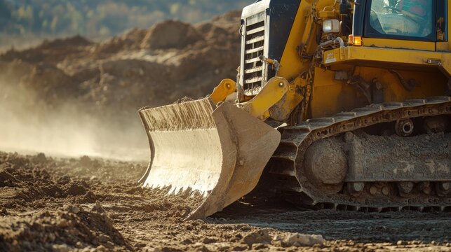 Heavy equipment operator using a bulldozer to clear land at a construction site. Featuring power and control