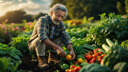 An older man smiles while carefully picking ripe tomatoes in his bountiful garden.
