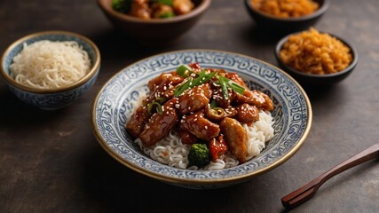Delicious Asian-inspired chicken dish served over rice with vegetables and sesame garnish at a cozy dining table