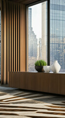 Modern interior design with city view in a high-rise building during daylight