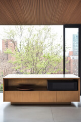 Modern wooden cabinet with view of greenery in contemporary urban setting