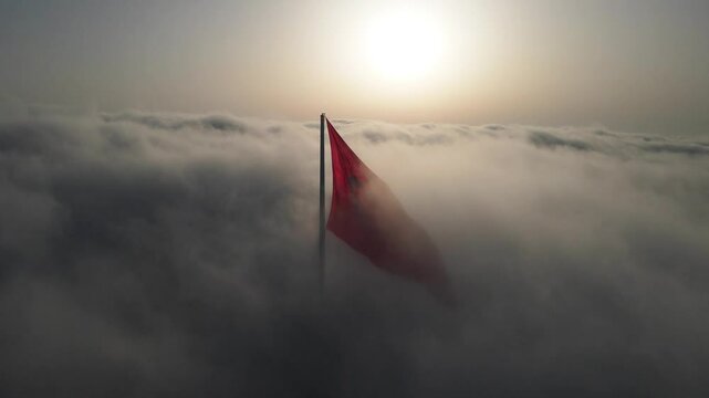 Turkish Flag in the Foggy Morning Drone Video, Camlica Hill Uskudar, Istanbul Turkiye (Turkey)