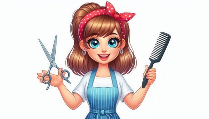 Hair cutting action by a cheerful stylist in a bright salon character illustration