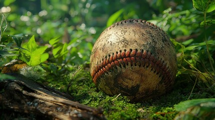 Forgotten Glory: A weathered baseball rests amidst lush greenery, hinting at a story of past games and forgotten dreams.
