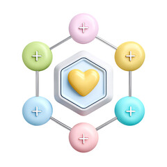Minimal 3D icon showing a heart with a cross floating in the center