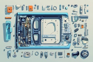 Fototapeta premium Detailed exploded view of a light blue device, surrounded by components, on a light gray background. Use Engineering, technical illustration