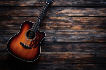 Fototapeta premium Guitar resting on a wooden surface, sunlight filtering through window, casting shadows.