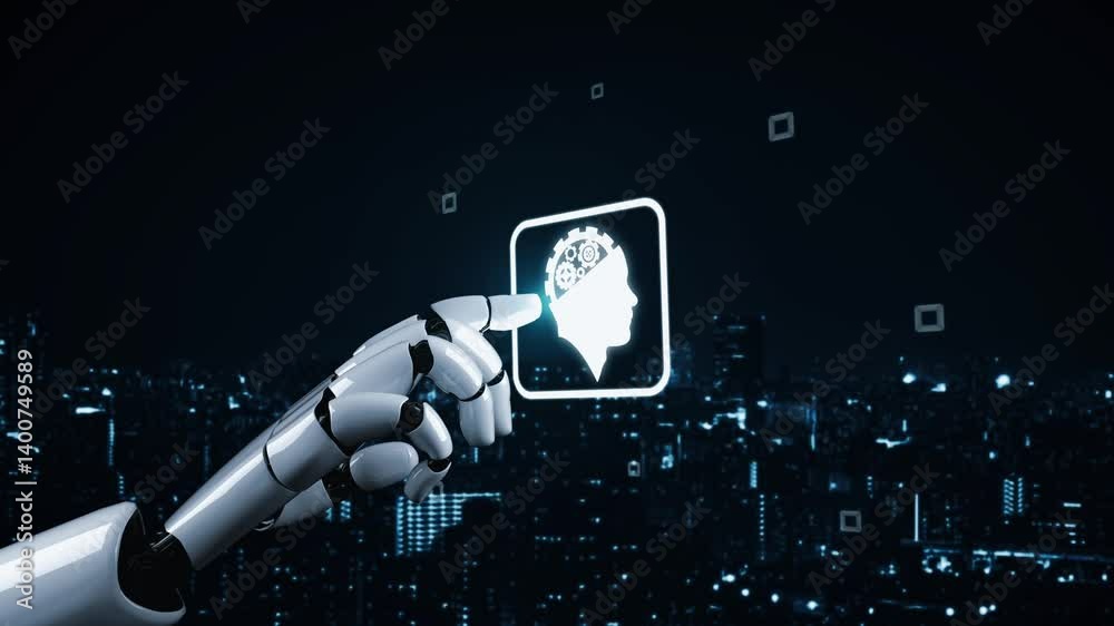 Poster futuristic robot artificial intelligence enlightening ai technology development and machine learning