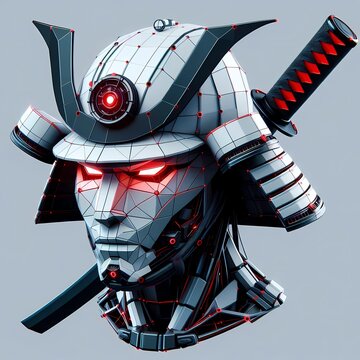 Low poly futuristic digital warrior artificial intelligence samurai robot head with polygonal facial armor 