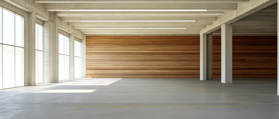 Spacious modern interior with natural light and wooden accents in an empty room