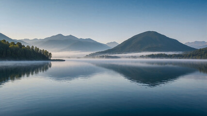 Obraz premium Tranquil Mountain Lake at Sunrise with Mist