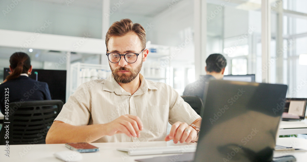 Poster Thinking, office and business man with laptop for insight, reflection or planning for software development. Programmer coding, creative and idea for app, problem solving or inspiration for web design