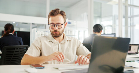 Thinking, office and business man with laptop for insight, reflection or planning for software...