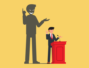 Public speaker character. Businessman gives business speech at podium as evil shadow emerges from behind