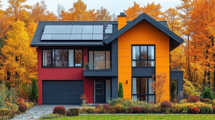 Modern house with solar panels surrounded by vibrant autumn foliage and landscaped garden