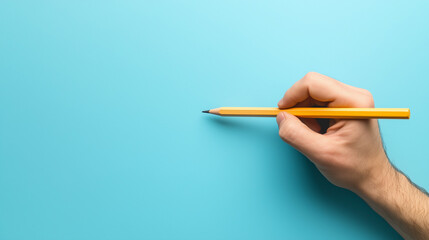 Top View of Hand Holding Wooden Pencil on Pastel Blue Background
