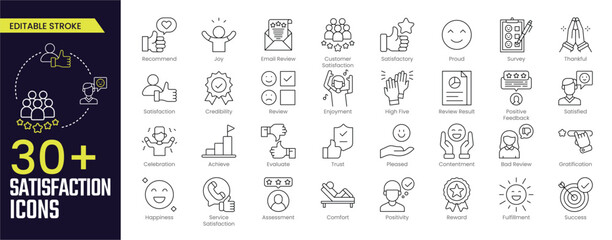 Satisfaction Stroke icon collections. Satisfaction, Satisfactory, Survey, Review, Result, Positive Feedback, Happiness, Reward, and Positivity icons. Editable Stroke icon collection Outline icon