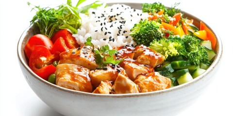 Rice bowl, chicken, veggies, sauce, isolated with white background