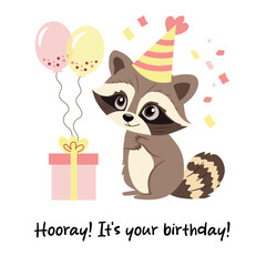 Cute raccoon in festive cap with gift box and ballons. Happy birthday kids party. Vector illustration. Cute animals friends greeting card.