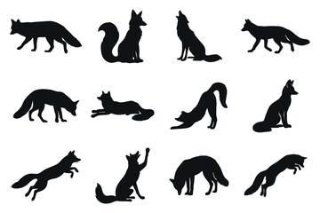 Set Of Fox Silhouettes Various Poses And Actions Isolated On White Background For Wildlife And Nature Designs