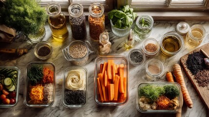 Fresh healthy ingredients including vegetables, salmon, pasta, herbs, seeds, and oils arranged on a marble kitchen counter by the window