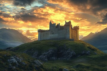 Obraz premium Stunning medieval castle at sunset surrounded by mountains and vivid clouds