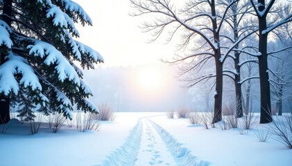 Obraz premium Snowy forest branches isolated on white background, winter, peaceful