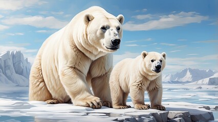 Obraz premium A mother polar bear stands protectively behind her cub