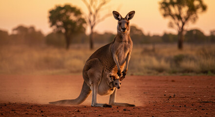 A Kangaroo and Joey at Sunset