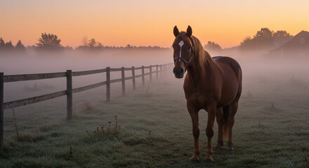 Rural Serenity: A Horse and a Barn in the Mist