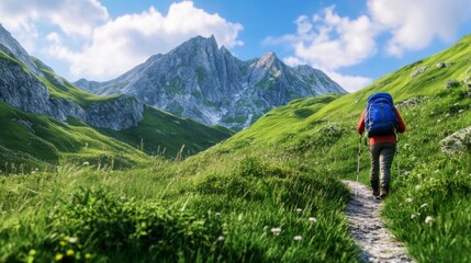Obraz premium Backpacker Hiking Mountain Trail Lush Green Valley Sunny Day