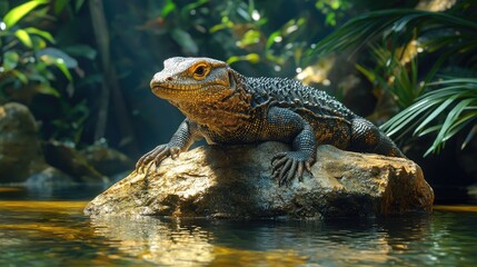 Reptile on rock in water, lush greenery